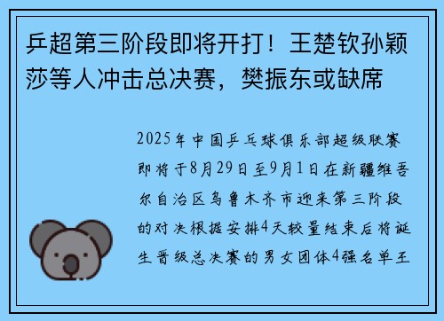 乒超第三阶段即将开打！王楚钦孙颖莎等人冲击总决赛，樊振东或缺席